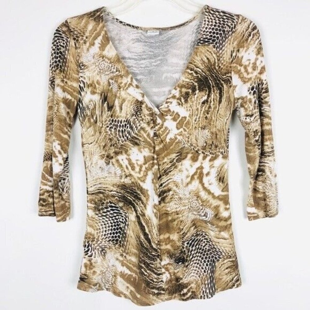 Three Dots Knot Front Snake Print Top 3/4 Sleeves S Brown V-Neck